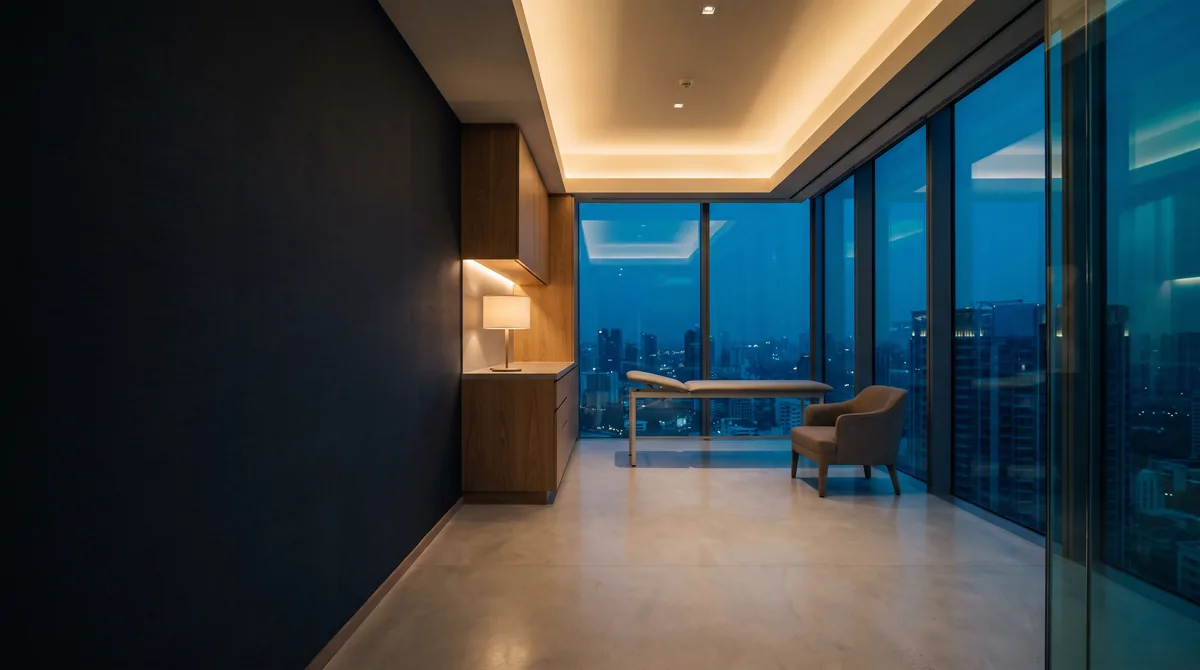 An empty consult room at dusk with a city skyline beyond the glass